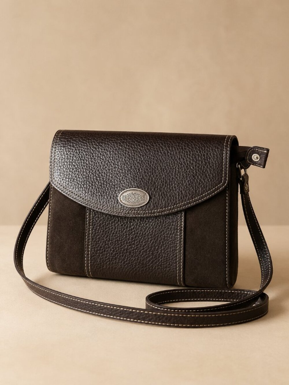 Brighton Chocolate Brown Leather & Suede Crossbody — Western Concho Flap Bag